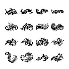 Elegant vector set of black floral swirl ornament design elements and abstract decorative foliage border divider accents