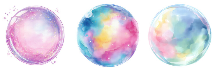 Soft watercolor fantasy bubbles with pastel galaxy texture and iridescent glow, isolated on transparent background for greeting card and branding design