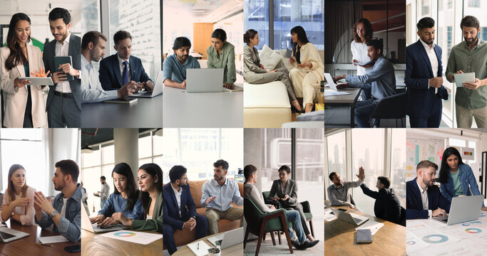 Business professionals engaged in teamwork and professionalism communication, collage view