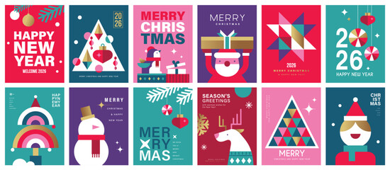 Set of Merry Christmas and Happy New Year 2026 vector illustration for greeting cards, posters, holiday covers in modern minimalist geometric style.
