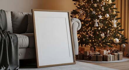 A blank framed picture rests against a sofa next to a decorated Christmas tree.
