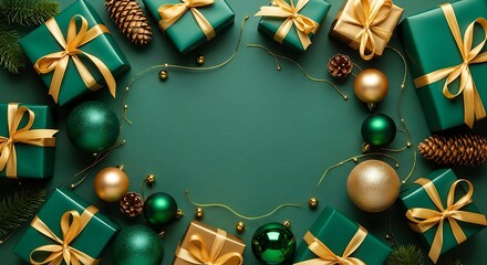 Festive green and gold Christmas gifts and ornaments arranged in a circle