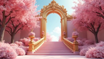 Pink floral staircase leads to golden baroque archway under blue sky. Trees bloom with pink flowers, creating dreamlike fantasy garden scene. Luxurious ornate gate opens to bright ethereal path.