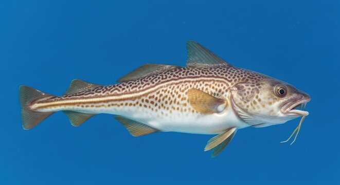 Atlantic Cod Portrait: Detailed View of Mottled Skin and Barbels Against Blue Backdrop