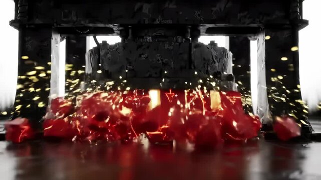 Short squeeze visualization: A powerful industrial press dramatically creates stock market pressure, compressing and breaking glowing red shares to visualize explosive financial market trading