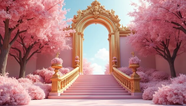 Pink floral staircase leads to golden baroque archway under blue sky. Trees bloom with pink flowers, creating dreamlike fantasy garden scene. Luxurious ornate gate opens to bright ethereal path.