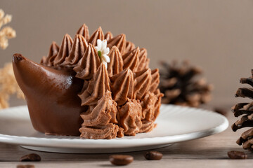 Close-up of a hedgehog-shaped chocolate dessert