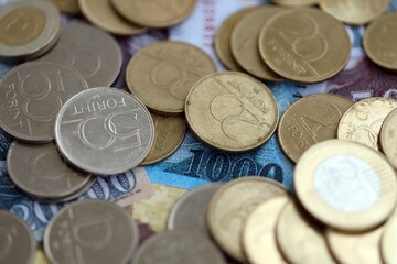 Hungarian Forint currency money bills and coins. Many HUF currency banknotes and coins close up
