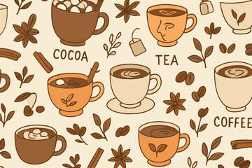 Various warm beverages displayed artfully with cozy themes featuring cocoa, tea, and coffee along with their ingredients
