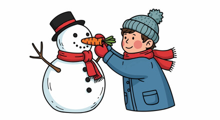 Boy builds snowman in winter.