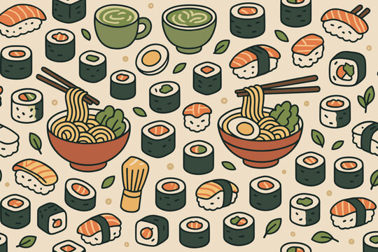 Colorful illustration of various Japanese dishes including sushi, ramen, and matcha tea with a playful design