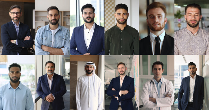 Collage view of diverse multinational professional men posing at workplaces
