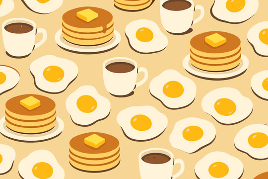 Breakfast scene featuring pancakes, eggs, and coffee on a patterned background