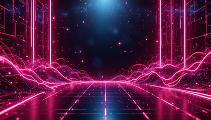 Futuristic neon glowing tunnel with digital landscape and particles in vibrant pink and blue light abstract technology background cyberspace visualization data stream network connection sci fi