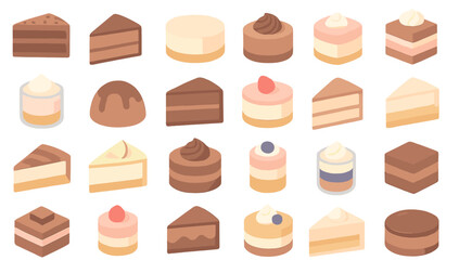 Variety of delicious cakes and desserts displayed on a flat surface in a visually appealing arrangement