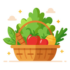 Freshly harvested basket of vegetables and leafy greens with decorative elements