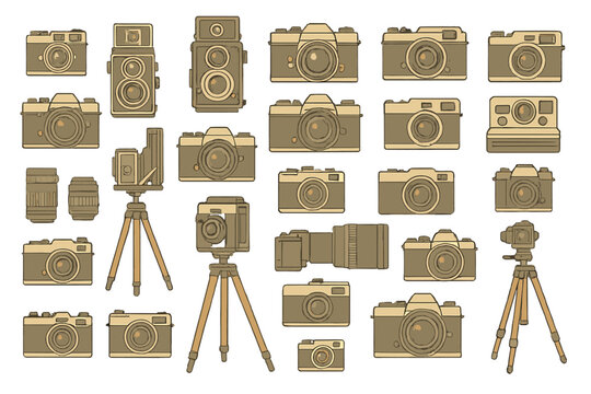 Collection of various camera types and accessories displayed together in a creative arrangement