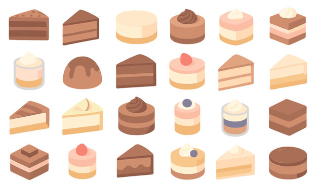 Variety of delicious cakes and desserts displayed on a flat surface in a visually appealing arrangement