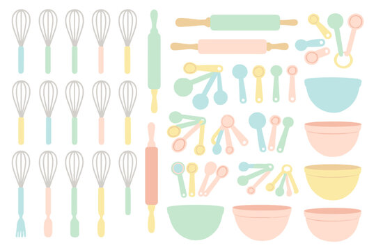 Colorful kitchen utensils arranged in a playful pattern for baking and cooking enthusiasts