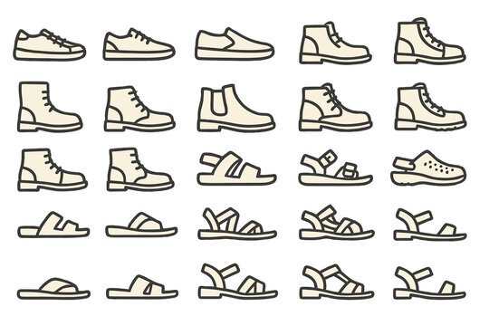 Various styles of shoes arranged in rows showcasing casual, formal, and outdoor footwear options