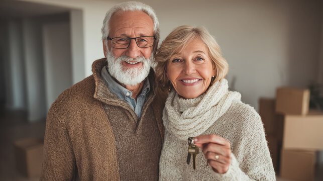 Happy Couple Holding Keys in New Home with Warm Pastel Tones