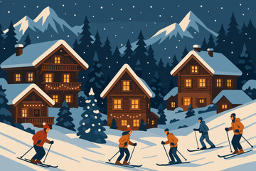 Skiers enjoy a winter evening in a cozy mountain village with snow-covered houses and twinkling lights