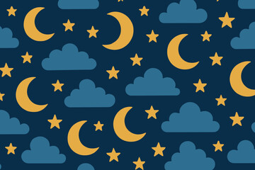 Night sky pattern featuring moons, stars, and clouds in a soothing color palette for decorative use