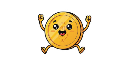 Obraz premium Delightful cartoon coin character cheerfully jumping for joy. The coin has a happy expression and gold gleam.