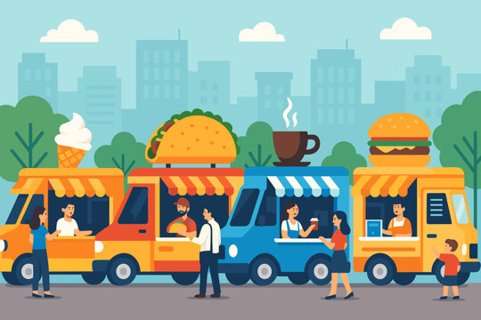 Crowd enjoys diverse food trucks in a city park on a sunny day