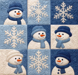 An enchanting pattern filled with delightful snowmen and sparkling snowflakes, beautifully set against a blue and white quilt background 