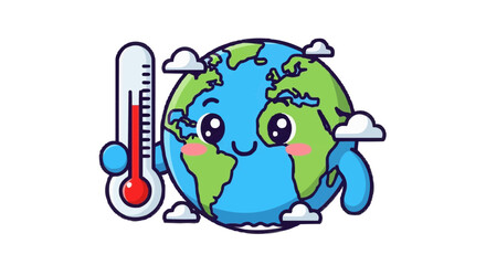 Obraz premium A cute cartoon globe is holding a thermometer with the temperature high, surrounded by clouds, illustrating global warming.