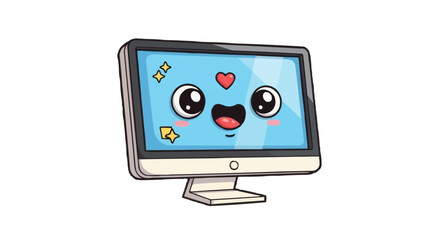 A charming cartoon computer with a happy face, heart, and stars, radiates digital joy on a transparent background.