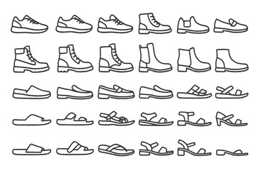 Line art shoe collection – outlined icons of sneakers, boots, loafers, and sandals