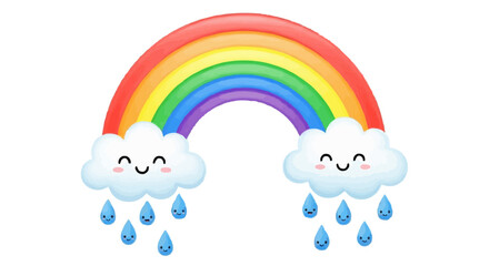 Obraz premium A delightful scene with a colorful rainbow arcing across the sky, anchored by smiling clouds and playful raindrops.