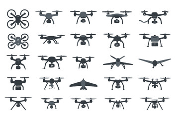 Set of dark drone icons on black gradient background