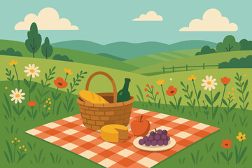 Enjoying a sunny picnic in a colorful meadow with delicious food and a beautiful landscape