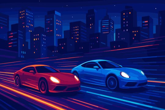 Nighttime street race between red and blue sports cars in a city skyline