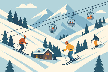 Winter ski resort scene with skiers and cable cars