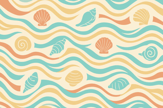 Seamless beach pattern with colorful seashells and waves