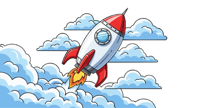 A cartoon rocket flies into the sky leaving a trail of flames and smoke, with many clouds on the transparent background.