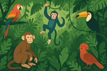 Naklejka premium Cartoon jungle scene with monkeys and tropical birds