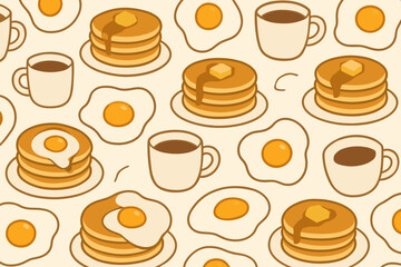 Delicious breakfast pattern with pancakes, eggs, and coffee in a fun design for morning meals