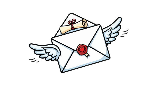 A white envelope with wings delivering a message sealed with a heart, symbolizing communication and a personal touch.
