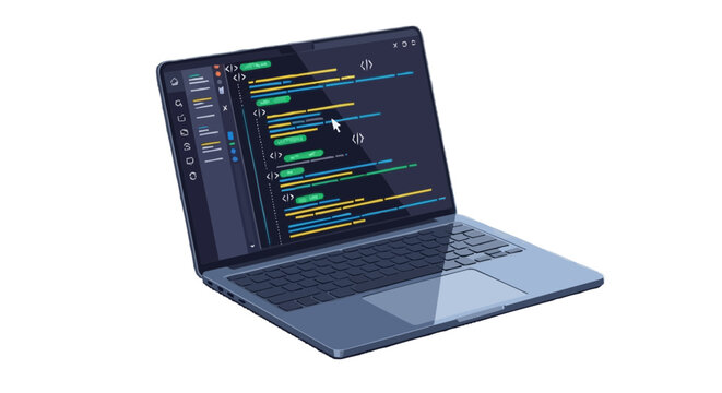 Laptop displaying lines of colorful code with a side panel showcasing various design elements for a modern interface.