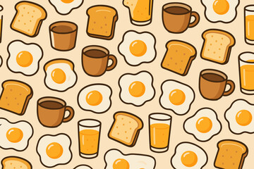 Breakfast pattern with eggs, toast, and drinks on a light background in a fun and colorful design