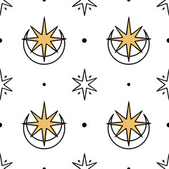 Astrological seamless pattern with crescent moon and stars on a white background. Celestial vector design for wrapping paper, scrapbook, fabric, or textile.