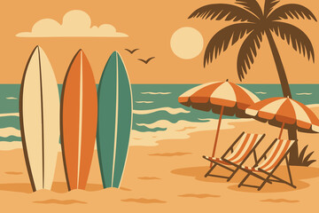 Summer beach scene with surfboards and umbrellas at sunset creating a relaxing vacation atmosphere