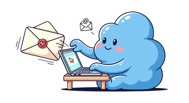 A whimsical cartoon cloud sits at a small wooden table, sending a love letter via email on a laptop. Happy to connect.