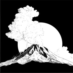 Illustration of a mountain with snow and a large cloud in front of a bright white circle shape against black 100