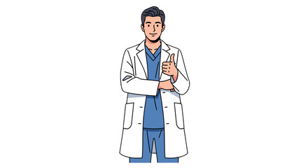 Confident medical professional gives a thumbs-up of approval. Smiling doctor in scrubs and white coat portrait.